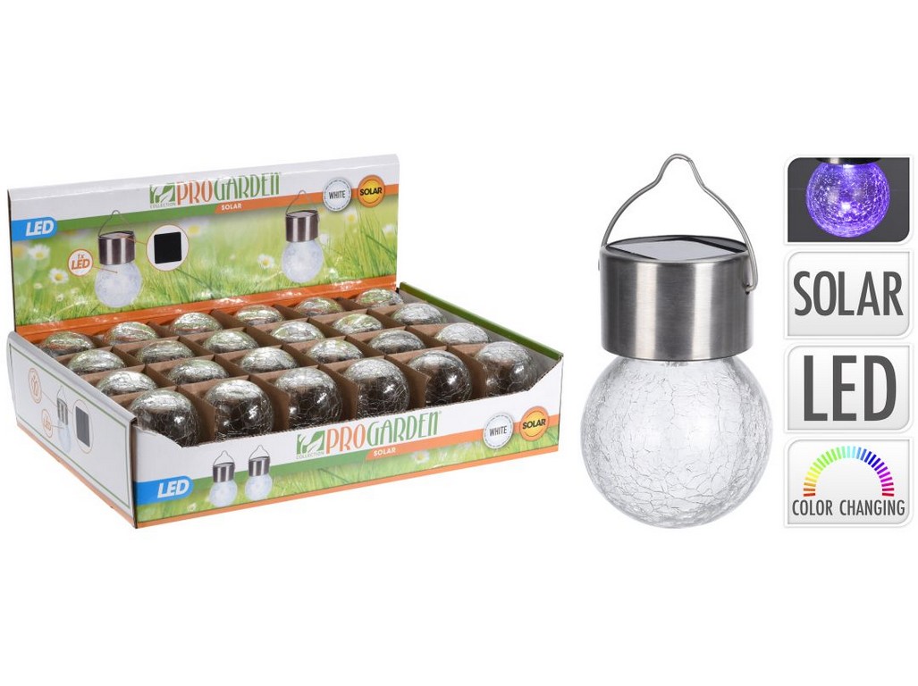 lampa solární KOULE pr.6cm 1LED, nerez, závěsná, čirá, popraskané